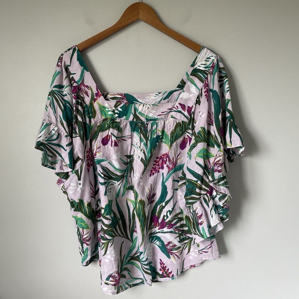 Terra & Sky Flowy Blouse Top Tropical Print Boho Purple Green Women's Size 2X